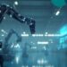 Industrial robotic arm operating in a smart factory environment with AI-driven monitoring and predictive maintenance systems