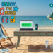 A beach office setup with a laptop displaying a Spotify wave, a beach chair, and text saying Enjoy the Music for the ATC Summer Playlist 2026